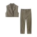 Women Casual 100% Polyester Short Waistcoat Vest And Straight Leg Pants Suit Set Solid Color Notch Lapel Sleeveless Top Fashion Trousers Outfit