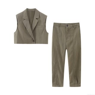 Women Casual 100% Polyester Short Waistcoat Vest And Straight Leg Pants Suit Set Solid Color Notch Lapel Sleeveless Top Fashion Trousers Outfit
