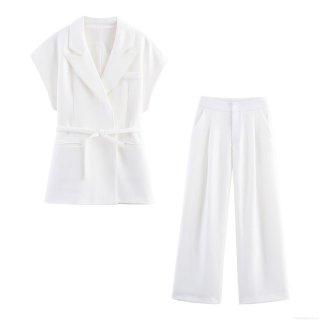Women's Linen Blend Vest And Trousers Set Double-Breasted Belted Waistcoat With High Waist Wide Leg Pants Two Piece Outfits For Office Commuter Casual White