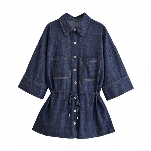 Women's Denim Look Short Sleeve Drawstring Waist Shirt And High Waist Wide Leg Pants Casual Two Piece Set Solid Color Polyester Summer Fashion Suit