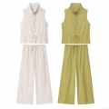 Women's 2-Piece Casual Outfits Set Sleeveless Stand Collar Zipper Vest And Drawstring High Waist Wide Leg Pants Solid Color Summer Fashion Streetwear For Ladies