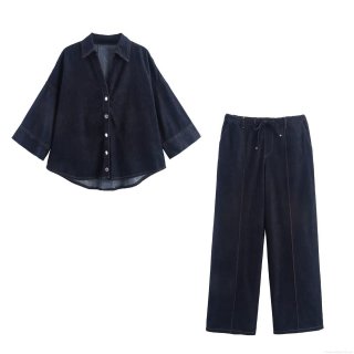 Women Loose Denim Two Piece Set Short Sleeve Shirt And Wide Leg Pants Casual Cotton Blend Indigo Outfit With Contrast Stitching For Ladies