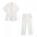 Women's Casual White Cotton Polyester Blend Set Short Sleeve Lace Trim Shirt and Straight Leg Pants Two Piece Outfit Summer Comfort Loungewear
