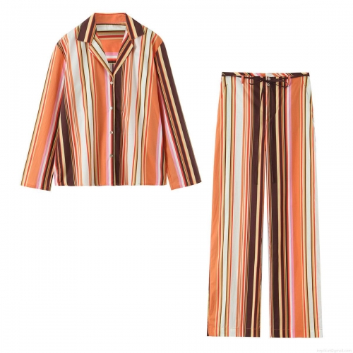 Women's Fashion Multicolor Vertical Striped Casual Pajama Style Set Long Sleeve Shirt And Wide Leg Pants Two Piece Outfits For Summer Vacation