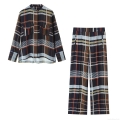 Women's Plaid Casual Shirt and Wide Leg Pants Two Piece Set Long Sleeve Stand Collar Pocket Tartan Polyester Spandex Outfit For Daily Streetwear Leisure