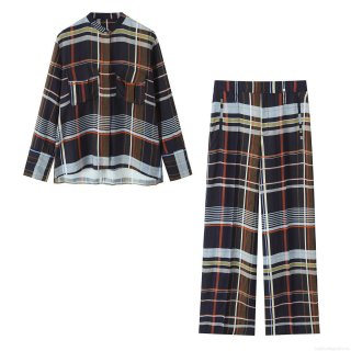Women's Plaid Casual Shirt and Wide Leg Pants Two Piece Set Long Sleeve Stand Collar Pocket Tartan Polyester Spandex Outfit For Daily Streetwear Leisure