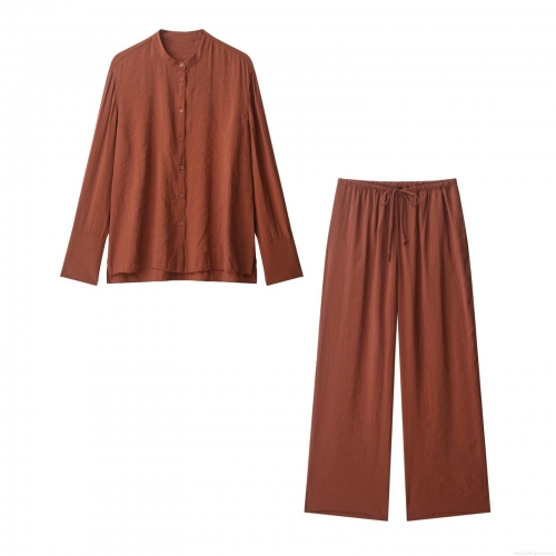 Women's Loose Casual Two-Piece Set Polyester Rust Red Long Sleeve Stand Collar Button Down Shirt And Drawstring Wide Leg Pants Suit For Daily Office Loungewear