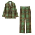 Women's Retro Green Plaid Blazer Pants Set Double Breasted Suit Jacket And High Waist Straight Leg Trousers 2 Piece Fashion Commute Outfit
