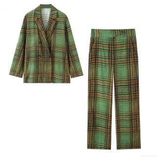 Women's Retro Green Plaid Blazer Pants Set Double Breasted Suit Jacket And High Waist Straight Leg Trousers 2 Piece Fashion Commute Outfit