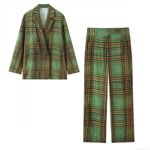 Women's Retro Green Plaid Blazer Pants Set Double Breasted Suit Jacket And High Waist Straight Leg Trousers 2 Piece Fashion Commute Outfit