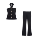 Women Sexy Black Halter Neck Knit Top and High Waist Flared Pants Two Piece Set With Gold Buttons Elegant Solid Color Slim Fit Party Outfits