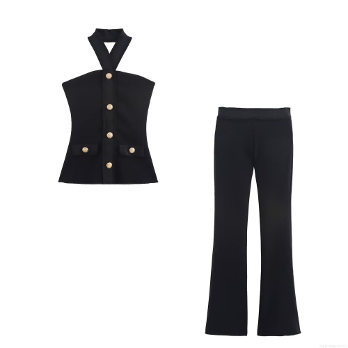 Women Sexy Black Halter Neck Knit Top and High Waist Flared Pants Two Piece Set With Gold Buttons Elegant Solid Color Slim Fit Party Outfits
