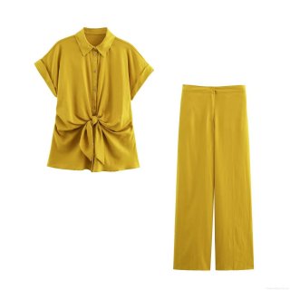 Mustard Yellow Women's Casual Linen Blend 2 Piece Set Short Sleeve Lapel Tie Knot Shirt High Waist Wide Leg Straight Pants Summer Autumn Outfit