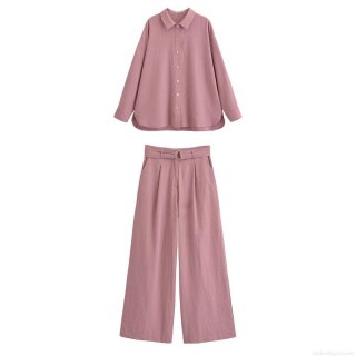 Casual Women Fashion Two Piece Pants Set Polyester Long Sleeve Shirt High Waist Wide Leg Pants With Belt Dusty Pink Mauve Outfit Spring Autumn Office Style