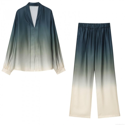 Women's Gradient Print Two-Piece Pants Set Elegant V-Neck Long Sleeve Shirt And Wide Leg Trousers Polyester Spandex Casual Outfits