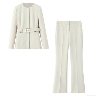 Women's Elegant Round Neck Belted Blazer and High Waisted Flared Trousers Two Piece Set Solid Color Office Lady Commuter Suit Outfit