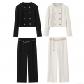 Women's Elegant 2 Piece Suit Set Double Breasted Round Neck Short Jacket and High Waist Wide Leg Trousers with Gold Chain Belt Office Lady Commute Outfit