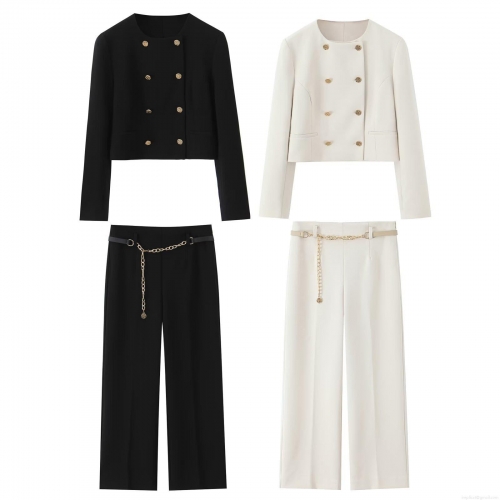 Women's Elegant 2 Piece Suit Set Double Breasted Round Neck Short Jacket and High Waist Wide Leg Trousers with Gold Chain Belt Office Lady Commute Outfit
