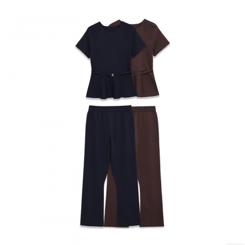Women Knit Two Piece Set Fashion Peplum Short Sleeve Top With Belt and High Waist Flared Pants Solid Color Casual Streetwear Outfit