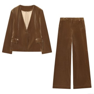 Women Luxury Velvet Suit Set 2 Piece Outfits Vintage V-Neck Single Button Blazer and High Waist Flare Pants Set Brown Bronze Casual Streetwear Clothing