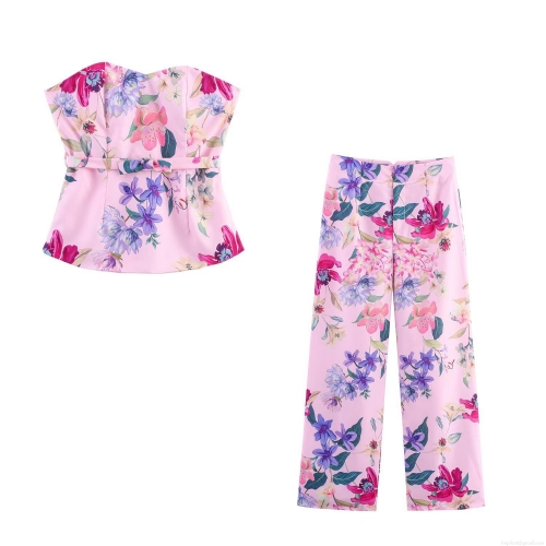 Women's Two-Piece Floral Print Set Sexy Tube Top And High Waist Wide Leg Pants Polyester Spandex Pink Flower Vacation Outfits