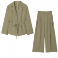 Women Elegant Two Piece Suit Set Shoulder Padded Blazer Top Belted Wide Leg Pants Olive Green Office Outfits