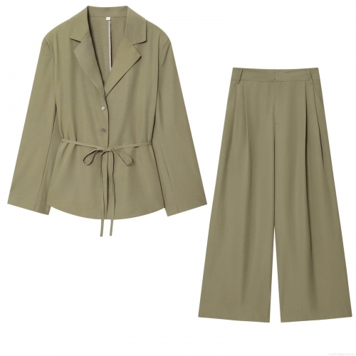Women Elegant Two Piece Suit Set Shoulder Padded Blazer Top Belted Wide Leg Pants Olive Green Office Outfits