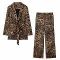 Women's Fashion Leopard Print Two Piece Suit Set Jacquard Satin Long Sleeve Blazer With Belt And Wide Leg Pants Casual Office Party Co-ords