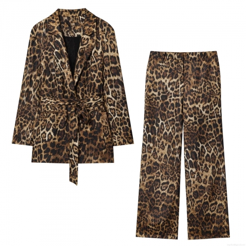 Women's Fashion Leopard Print Two Piece Suit Set Jacquard Satin Long Sleeve Blazer With Belt And Wide Leg Pants Casual Office Party Co-ords