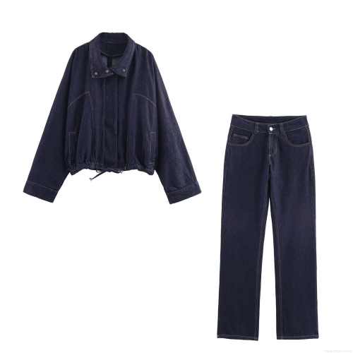 Women's Denim Two Piece Set Deep Blue Cotton Blend Long Sleeve Jacket With Wide Leg Jeans Retro Casual Autumn Streetwear Outfits For Women