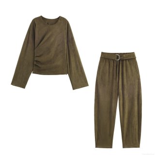 Women Faux Suede Two Piece Set Round Neck Pleated Long Sleeve Top And Tapered Pants With Belt Casual Solid Color Autumn Winter Outfit