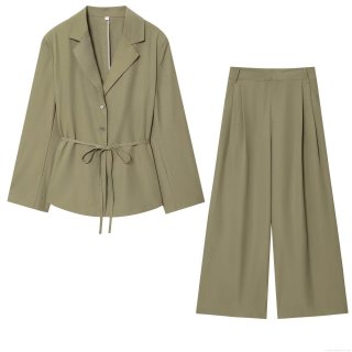 Women's Elegant Two-Piece Set Lapel Long Sleeve Blazer Top With Tie Waist And High Waist Wide Leg Pants Casual Office Business Solid Color Suit For Women