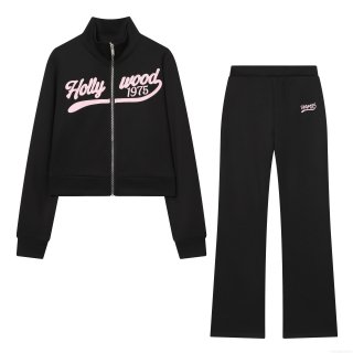 Women's Two Piece Set Hollywood 1975 Embroidery Stand Collar Zip Up Sweatshirt Top And Flared Pants Tracksuit Streetwear Casual Sportswear