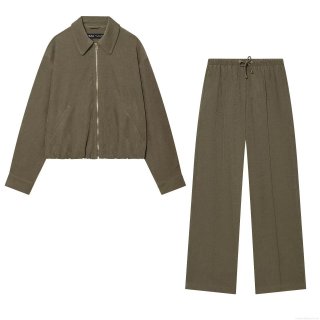 Women's Casual Solid Color Two-Piece Set Zipper Lapel Jacket And Wide Leg Drawstring Pants Polyester Corduroy Texture Streetwear Tracksuit For Women