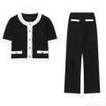 Women's Contrast Color Knit Two-Piece Set Elegant Short Sleeve Tweed Cardigan With Wide Leg High Waist Pants Classic Business Party Office Outfit