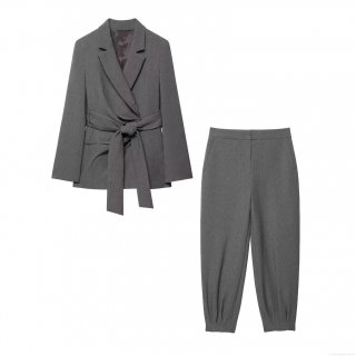 Elegant Women's Commuter Business Suit Set Polyester Belted Blazer Jacket and Matching Trousers Office Lady Formal Two Piece Outfits