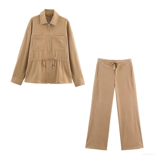 Women's Casual 2 Piece Set Brushed Twill Zipper Lapel Jacket And High Waist Wide Leg Pants Solid Color Khaki Milk White Autumn Loungewear Outfits