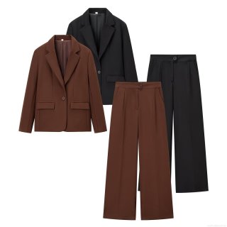 Women's Elegant 2 Piece Business Suit Set Notched Lapel Blazer Jacket And High Waist Wide Leg Trousers Solid Color Office Commute Professional Outfit