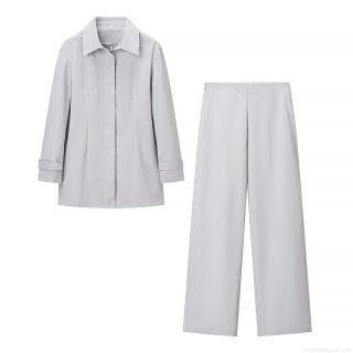 Women's 2-Piece Minimalist Pant Set Solid Color Long Sleeve Shirt And Wide Leg Trousers Polyester Spandex Elegant Office Lady Casual Autumn Outfits