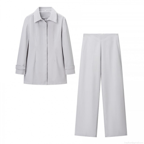Women's 2-Piece Minimalist Pant Set Solid Color Long Sleeve Shirt And Wide Leg Trousers Polyester Spandex Elegant Office Lady Casual Autumn Outfits