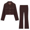 Women's Two Piece Set Contrast Stitching Cropped Jacket And Flare Pants Streetwear Outfit Polyester Dark Brown Casual Suits For Ladies