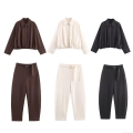 Women's Fashion Velvet Casual Jacket and Trousers Set Solid Color Long Sleeve Zip-up Top High Waist Belted Tapered Pants Autumn Outfit