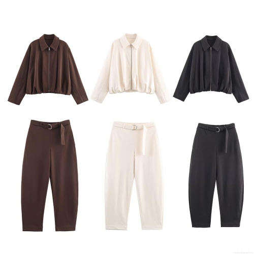 Women's Fashion Velvet Casual Jacket and Trousers Set Solid Color Long Sleeve Zip-up Top High Waist Belted Tapered Pants Autumn Outfit
