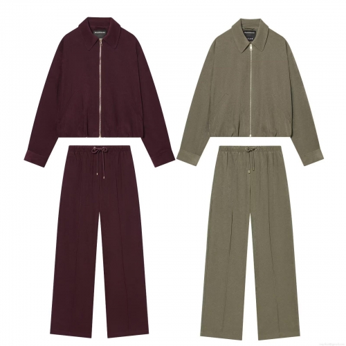 Women's Two Piece Corduroy Pants Set Casual Zipper Fly Bomber Jacket And Drawstring Elastic Waist Straight Leg Trousers Solid Color Streetwear Outerwear For Ladies