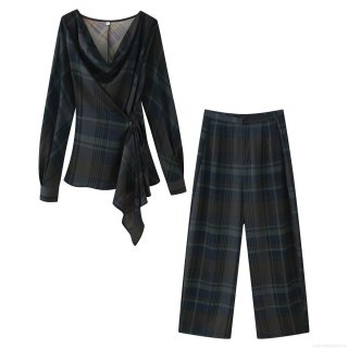 Women Casual Plaid Two Piece Set Cowl Neck Asymmetrical Draped Long Sleeve Top And Wide Leg Balloon Pants Streetwear Outfits