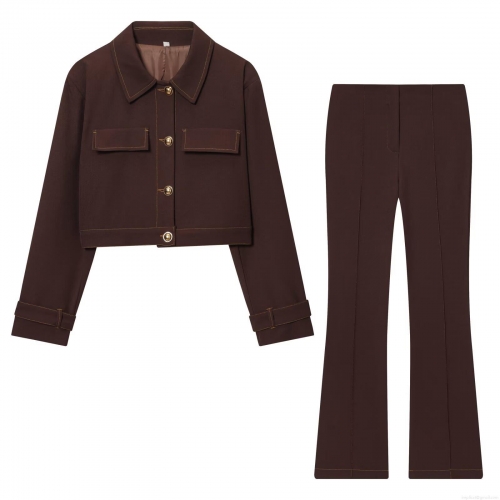 Women's Casual Deep Brown Two-Piece Set Polyester Spandex Contrast Stitching Short Jacket And Flare Pants Suit For Autumn Daily Office Ladies Fashion Outfits