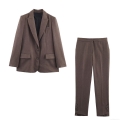 Women's Business Casual Blazer and Trousers Set Fashion Back Button Textured Suits Dark Brown Long Sleeve Office Lady Commute 2 Piece Outfit
