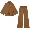 Women's Faux Suede Two Piece Outfits Solid Color Stand Collar Long Sleeve Jacket and Elastic Waist Wide Leg Pants Set For Casual Autumn Winter