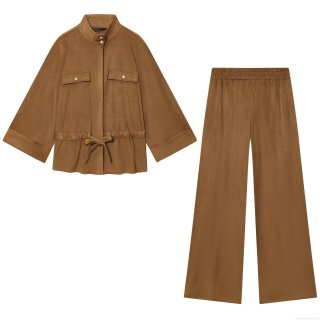 Women's Faux Suede Two Piece Outfits Solid Color Stand Collar Long Sleeve Jacket and Elastic Waist Wide Leg Pants Set For Casual Autumn Winter