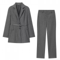 Women Dark Grey Woolen Suit Set Professional Belted Mid-length Blazer and Straight Leg Trousers Two Piece Outfits for Office Commute Lady Clothing